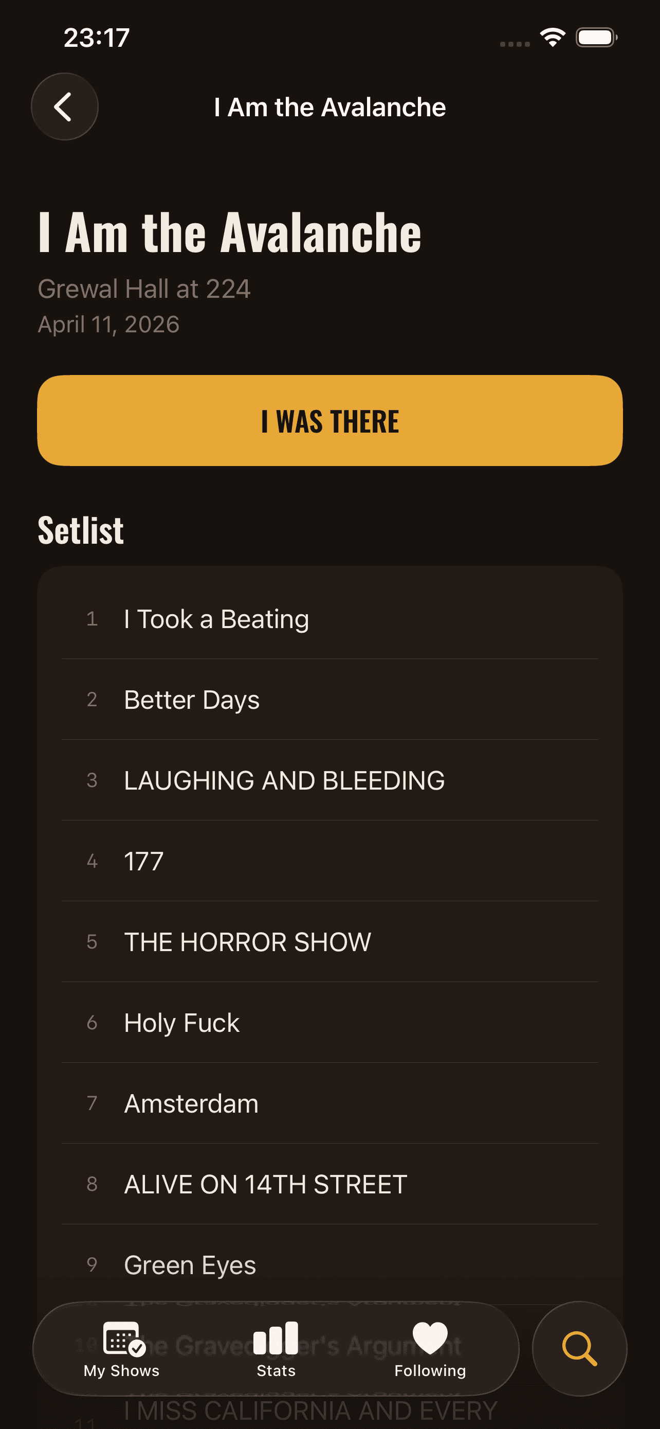 Rail setlist detail view