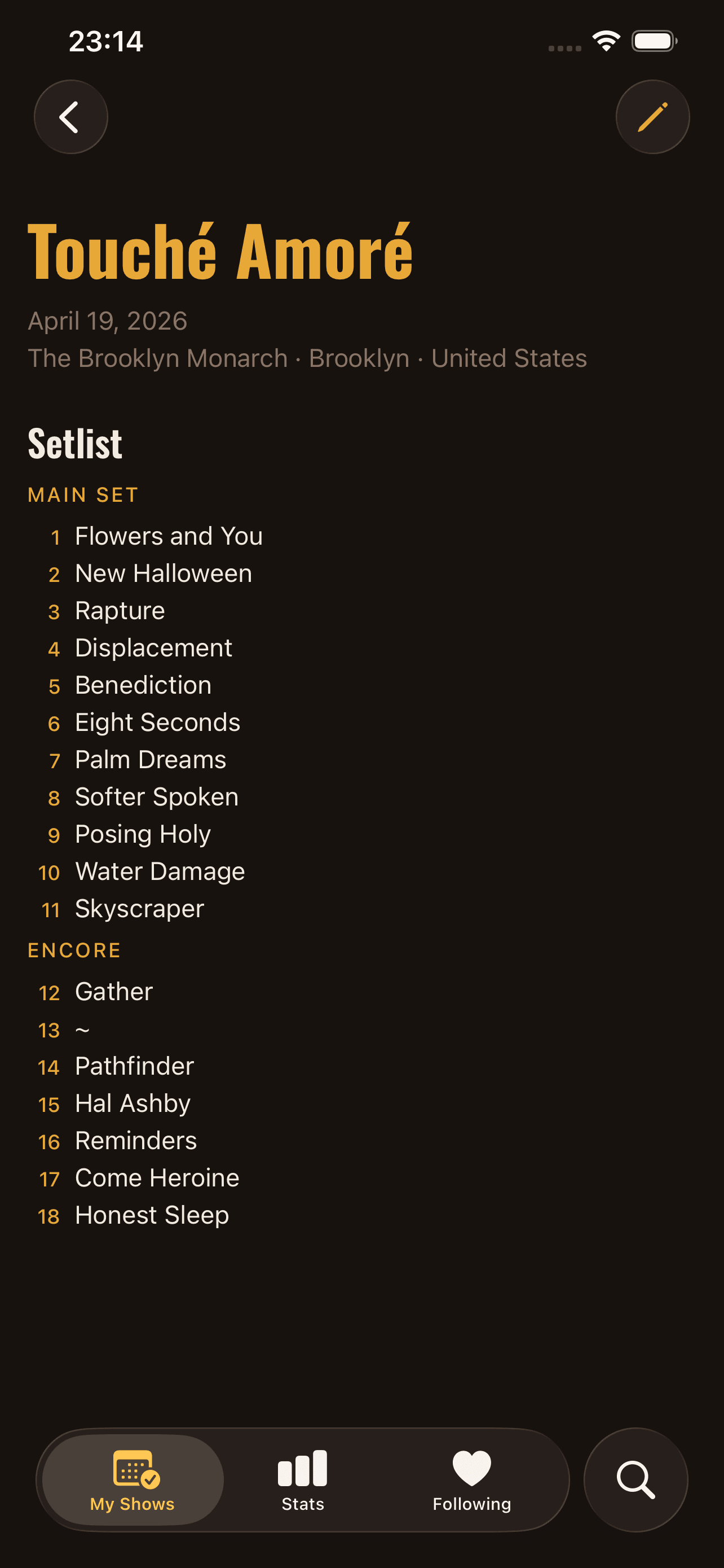 Rail show detail with setlist