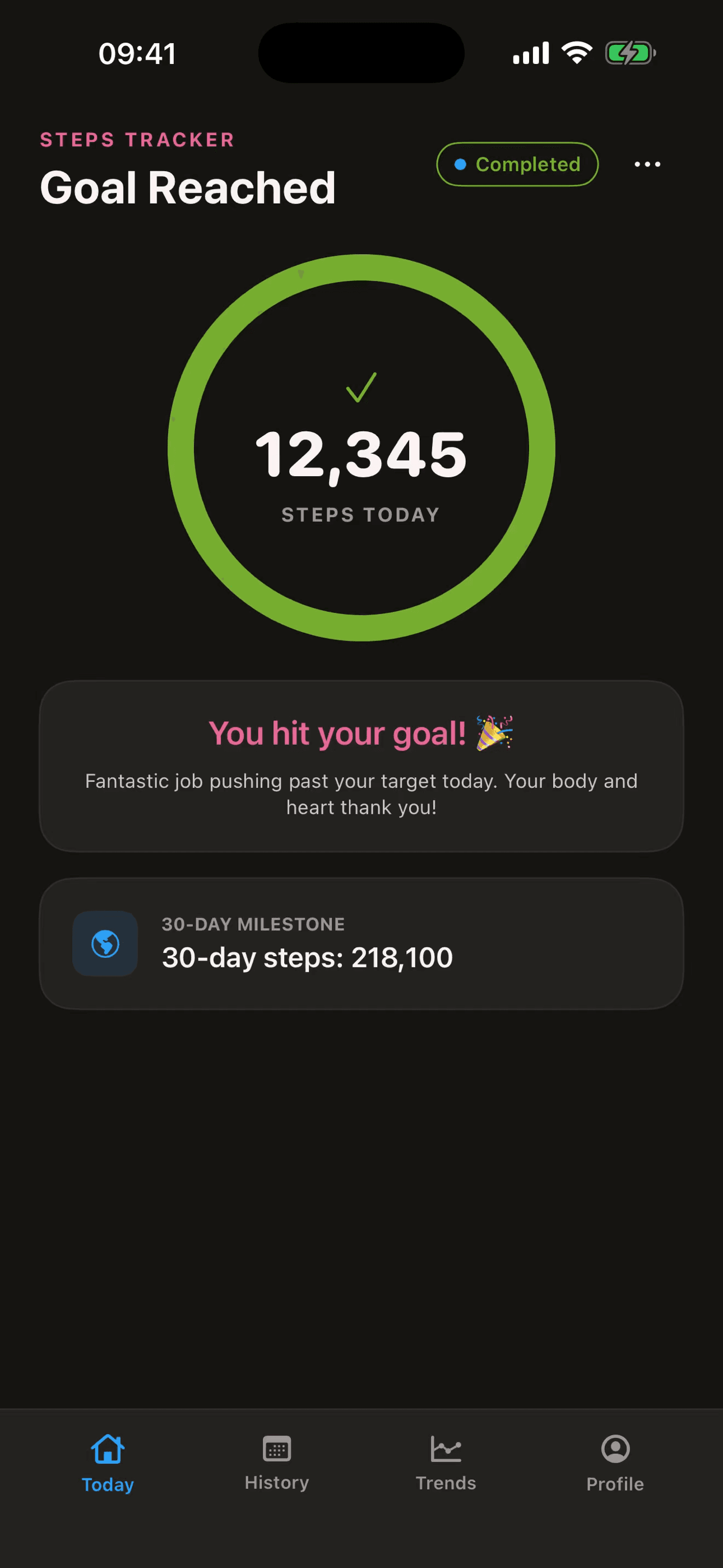 Steps dashboard showing today’s step count against the daily goal