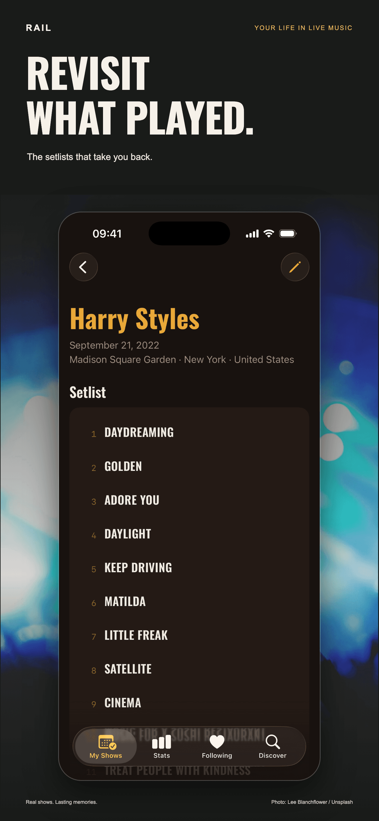 Rail setlist view, headlined “Revisit what played”
