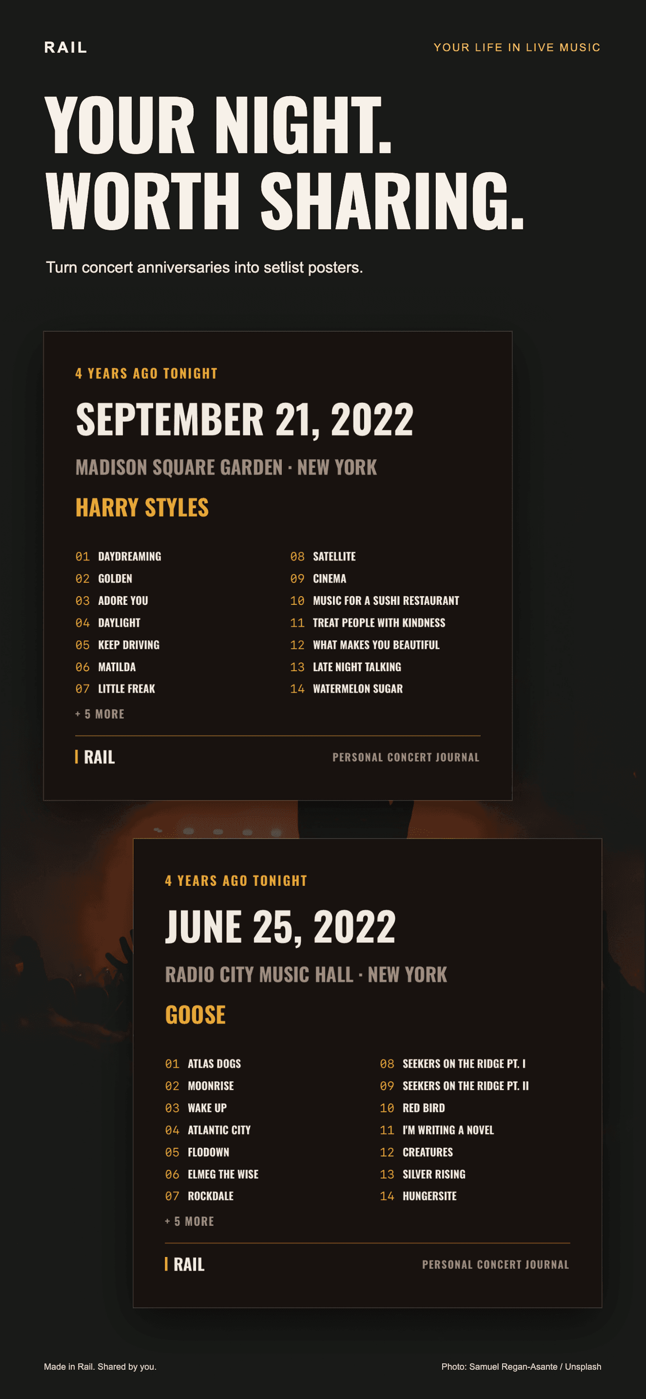 Rail shareable memory posters, headlined “Your night, worth sharing”