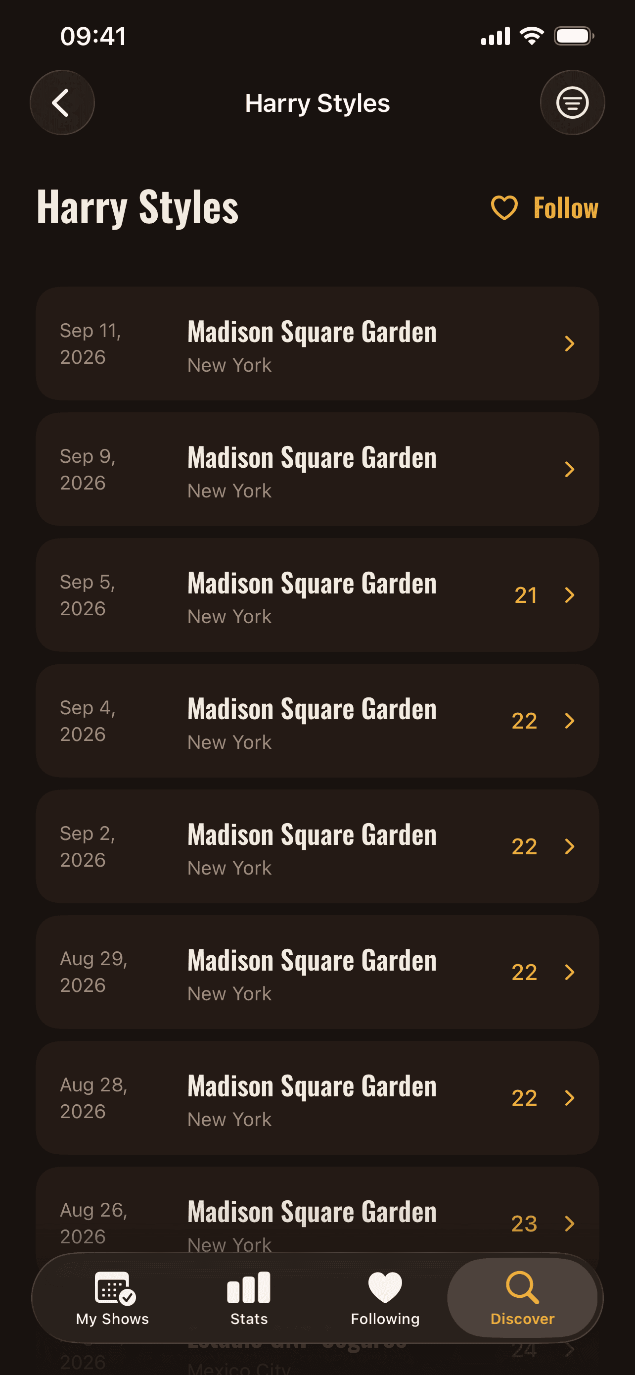 Rail artist detail, showing an artist’s recent setlists