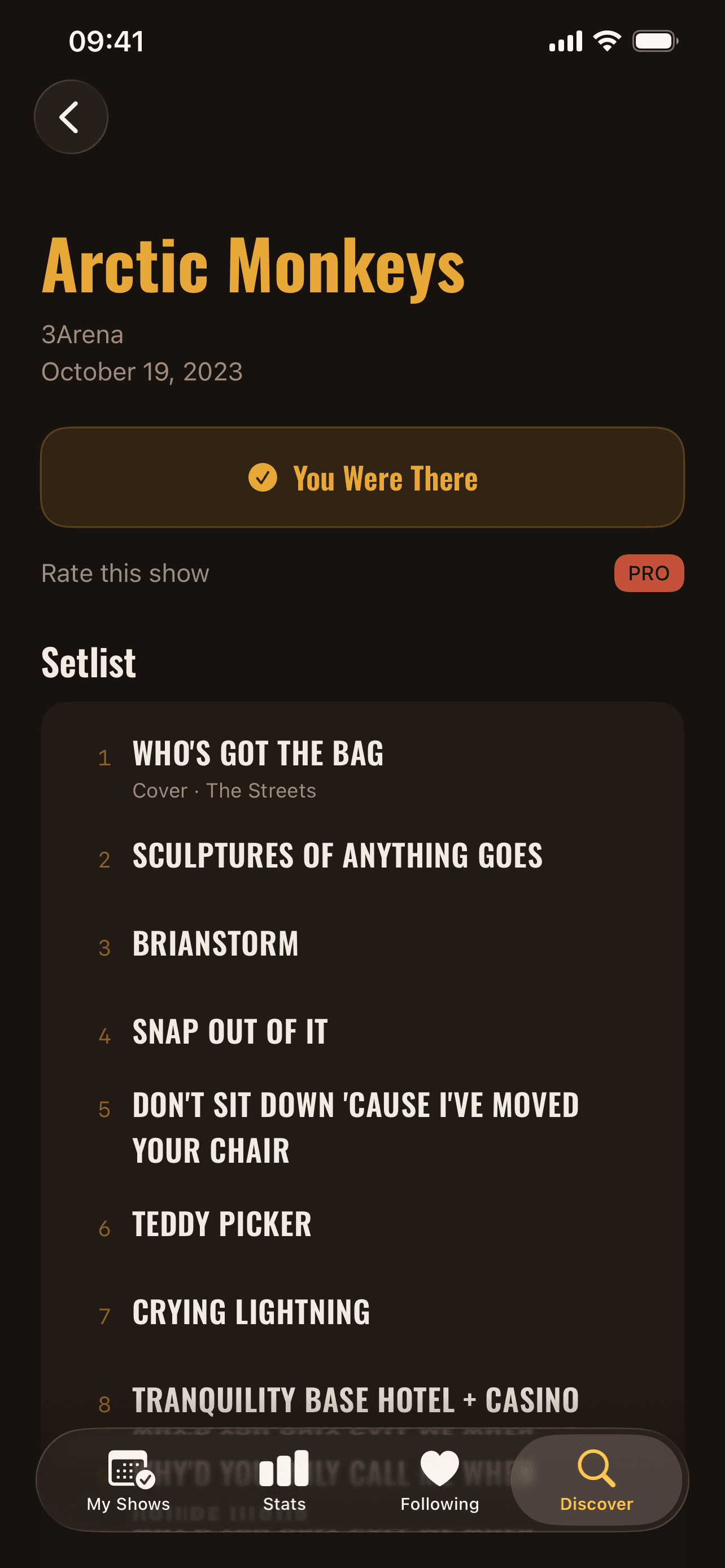 Rail setlist detail — the full running order from one night