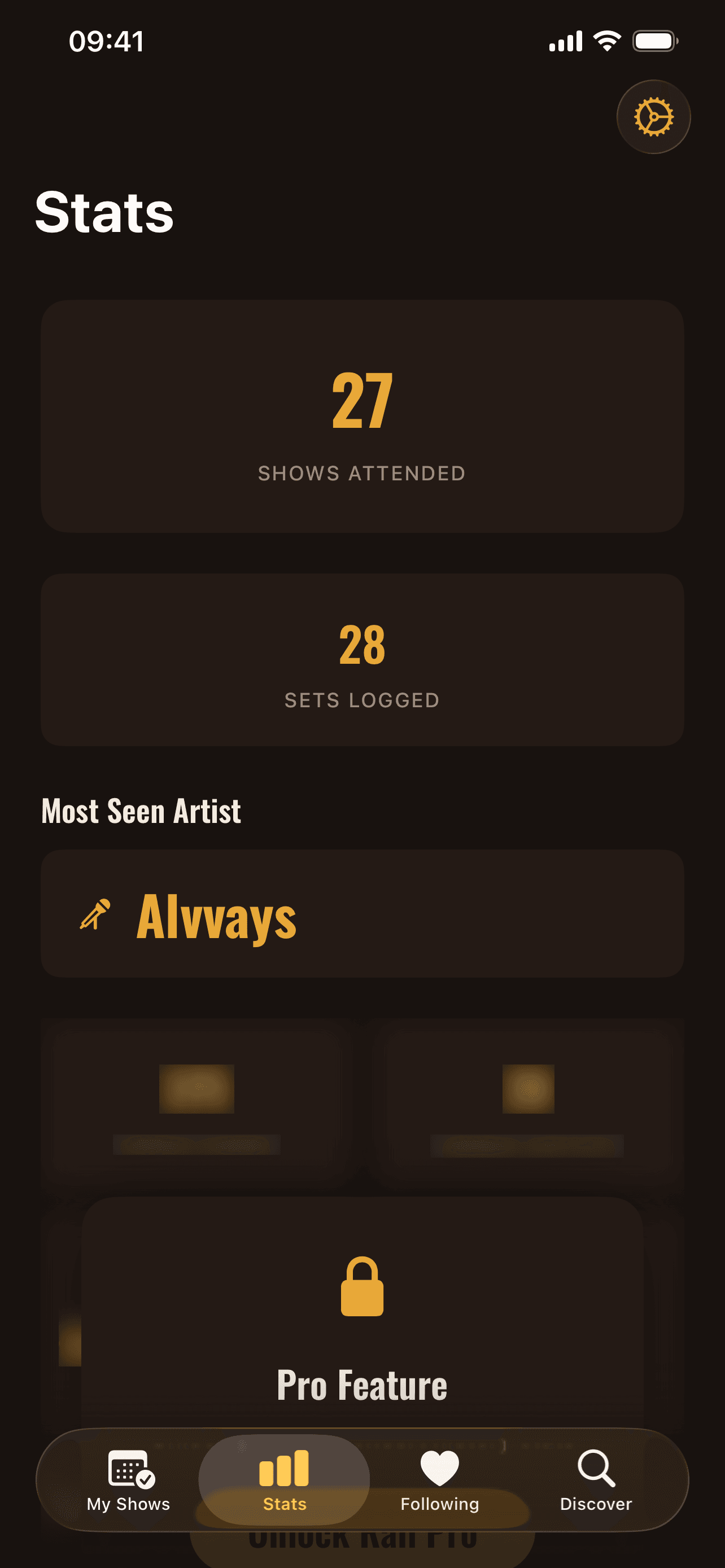 Rail stats — shows attended, songs heard live, top artists and venues