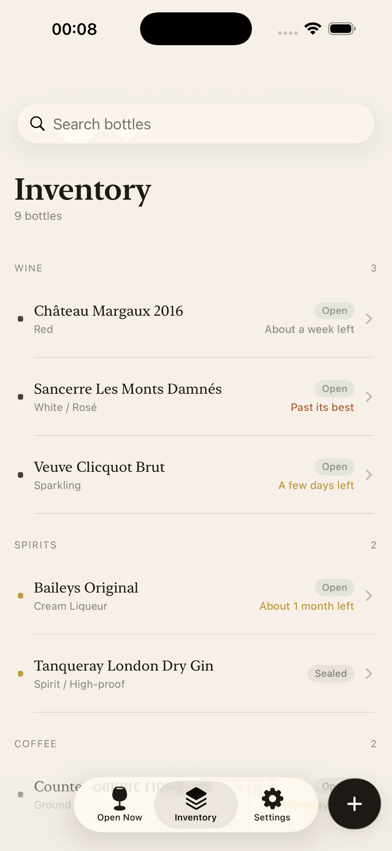 Inventory of open bottles with freshness status